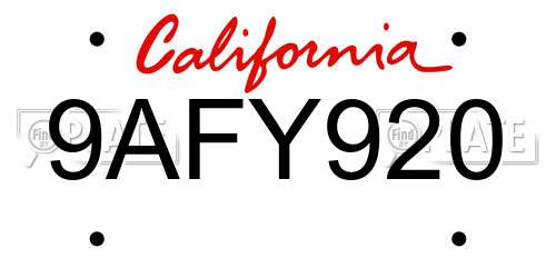 9AFY920 California License Plate