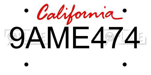 9AME474 California License Plate