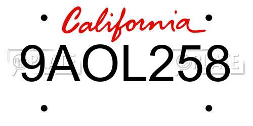 9AOL258 California License Plate