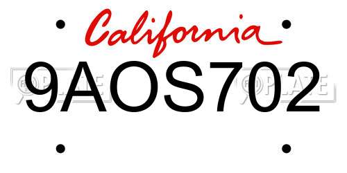 9AOS702 California License Plate