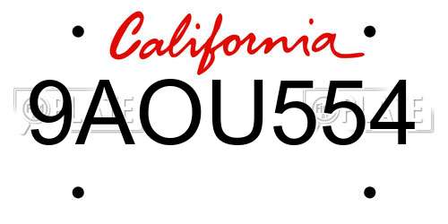 9AOU554 California License Plate