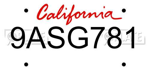 9ASG781 California License Plate