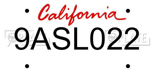 9ASL022 California License Plate