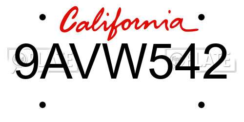 9AVW542 California License Plate