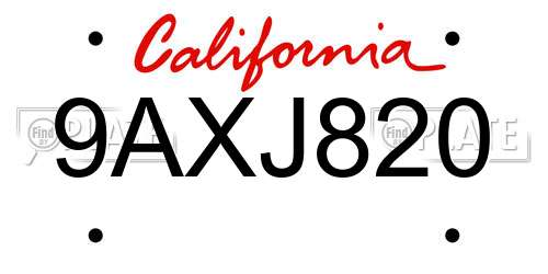 9AXJ820 California License Plate