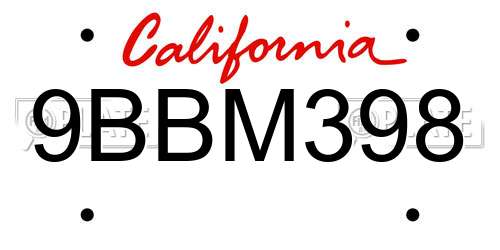 9BBM398 California License Plate