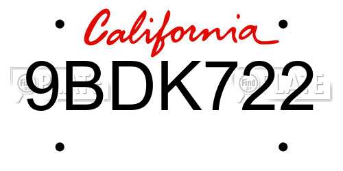 9BDK722 California License Plate