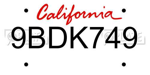 9BDK749 California License Plate