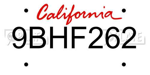 9BHF262 California License Plate