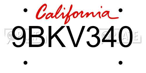 9BKV340 California License Plate