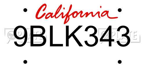 9BLK343 California License Plate