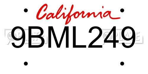 9BML249 California License Plate