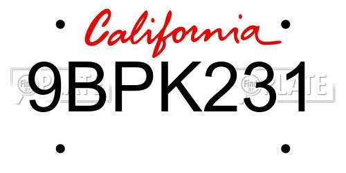 9BPK231 California License Plate