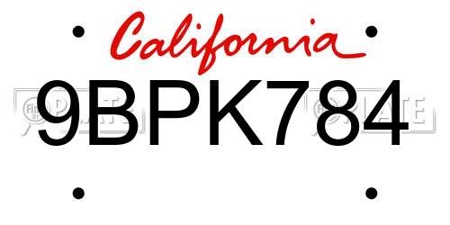 9BPK784 California License Plate