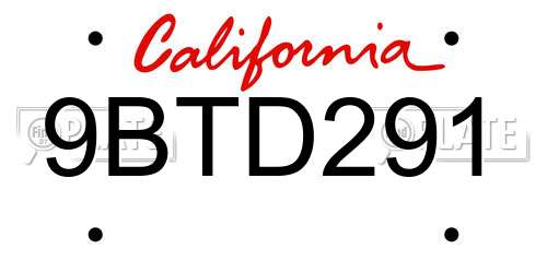 9BTD291 California License Plate