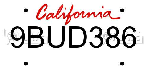 9BUD386 California License Plate
