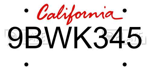 9BWK345 California License Plate