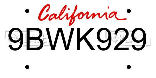 9BWK929 California License Plate