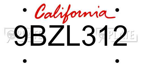 9BZL312 California License Plate