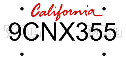 9CNX355 California License Plate