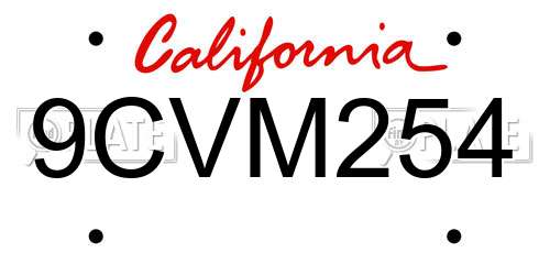 9CVM254 California License Plate
