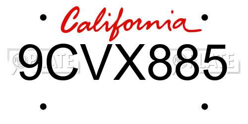 9CVX885 California License Plate