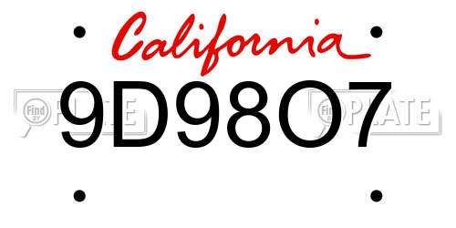 9D98O7 California License Plate