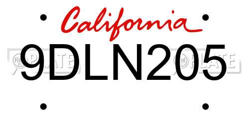 9DLN205 California License Plate