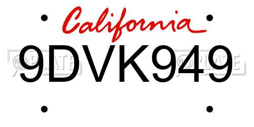 9DVK949 California License Plate