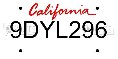 9DYL296 California License Plate