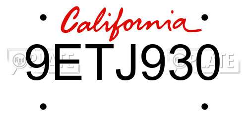 9ETJ930 California License Plate