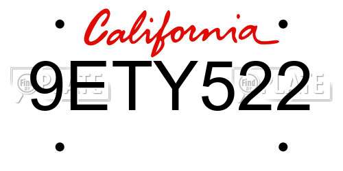 9ETY522 California License Plate