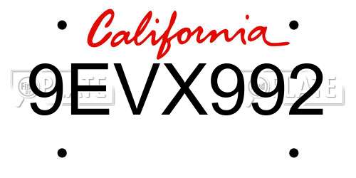 9EVX992 California License Plate