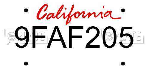 9FAF205 California License Plate