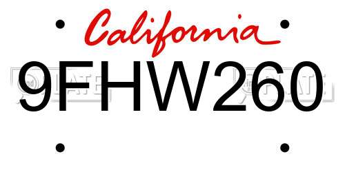 9FHW260 California License Plate
