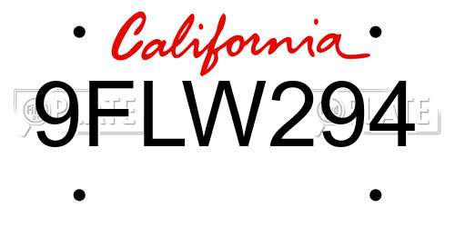 9FLW294 California License Plate