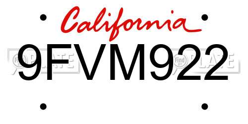 9FVM922 California License Plate