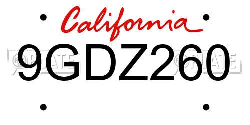 9GDZ260 California License Plate