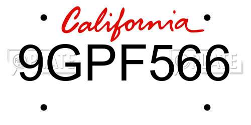 9GPF566 California License Plate