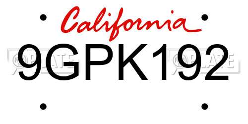 9GPK192 California License Plate