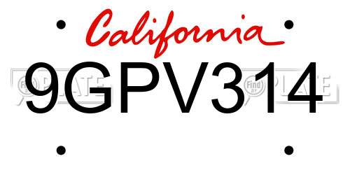 9GPV314 California License Plate