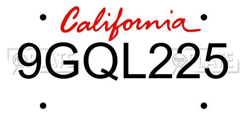 9GQL225 California License Plate