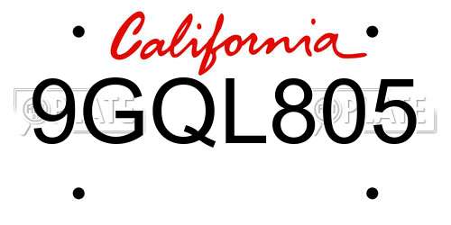 9GQL805 California License Plate