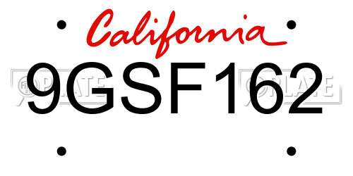 9GSF162 California License Plate