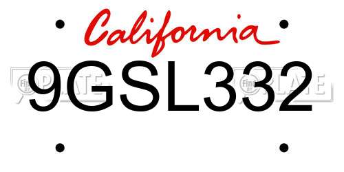 9GSL332 California License Plate