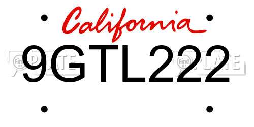 9GTL222 California License Plate