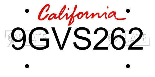 9GVS262 California License Plate