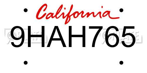 9HAH765 California License Plate