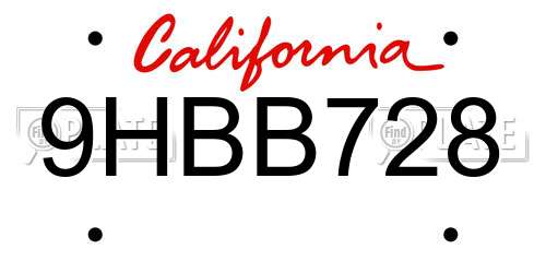9HBB728 California License Plate