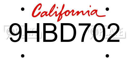 9HBD702 California License Plate